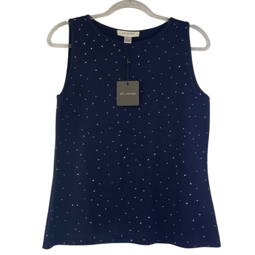 St. John Wool Blend Knit Shell Navy Silver Rhinestone Evening Top Quiet Luxury M - Picture 6 of 11